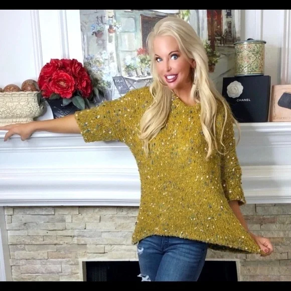 LAST! Mustard Confetti Scoop Neck Oversized Confetti Sweater! - Picture 4 of 7